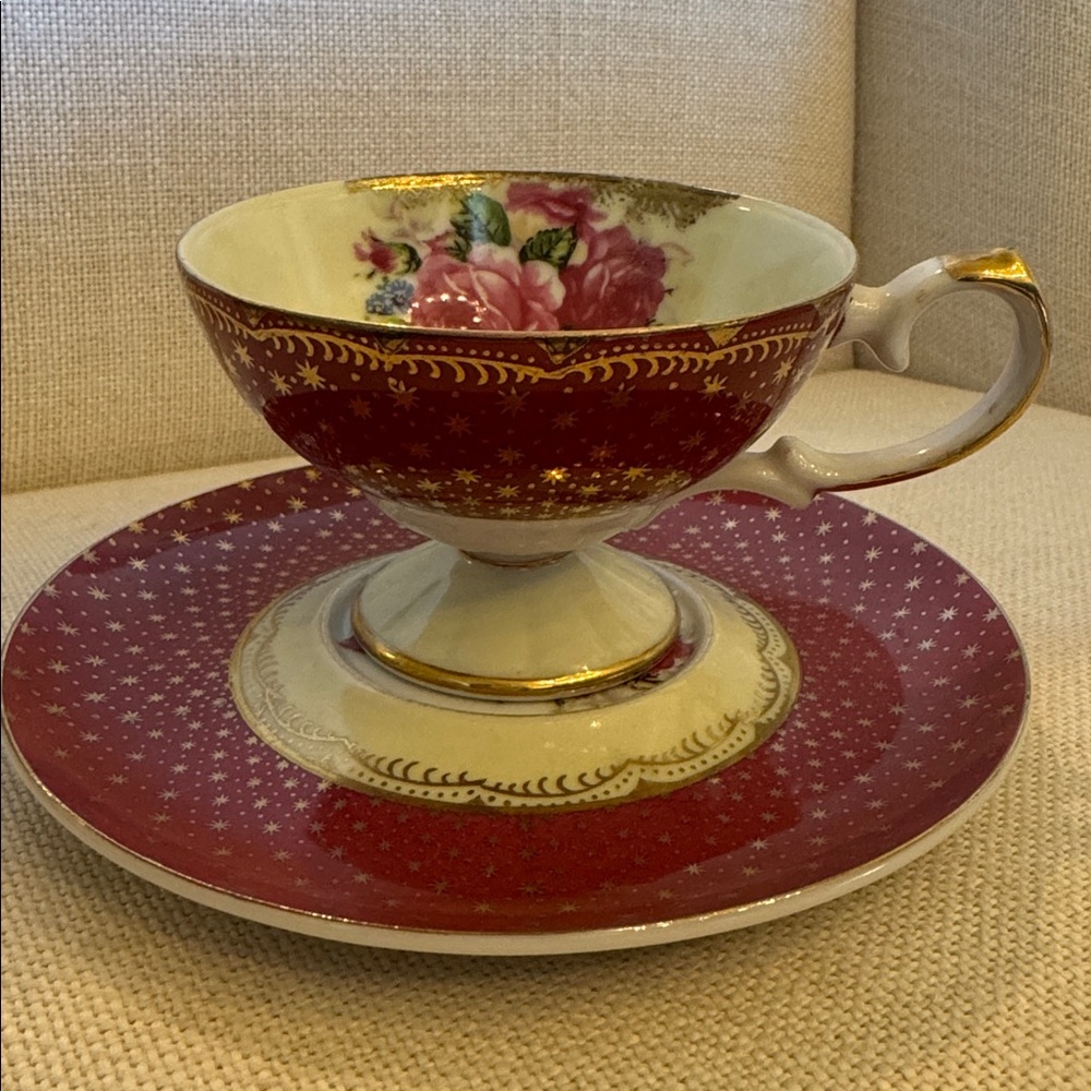 Lefton Hand Painted China Elegant Maroon and Gold Floral Teacup and Saucer